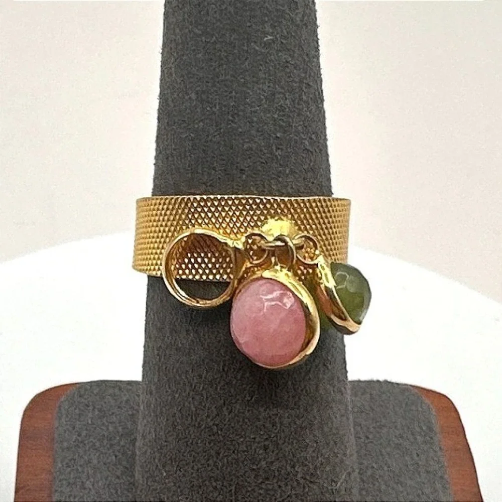 Vintage Y2K Gold Tone Stone Charm Mesh Band Ring Women's Classic Fashion Jewelry